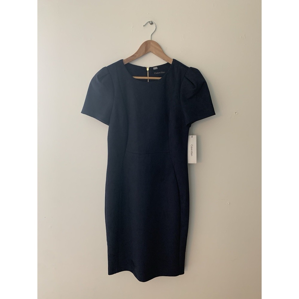 NWT Calvin Klein Pencil Dress 10 Navy Puff Sleeve Wear To Work Office Hourglass